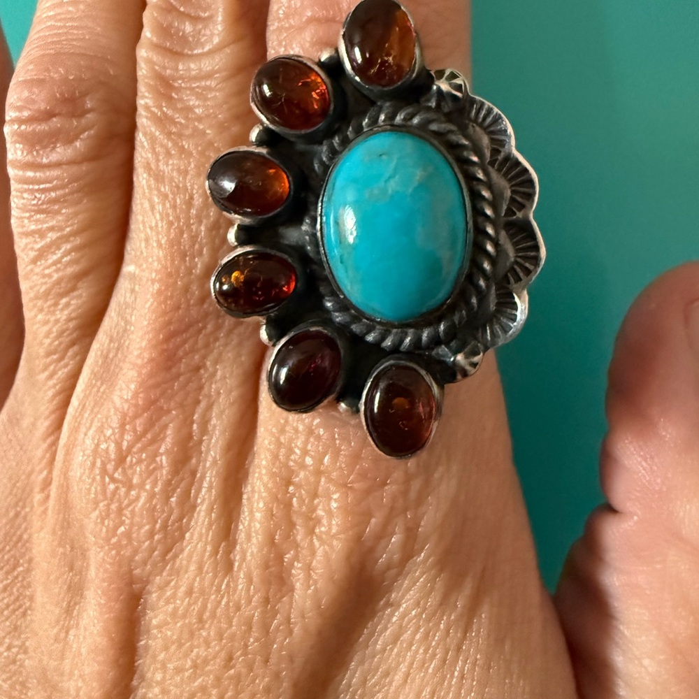 Kingman Turquoise and Amber Ring - Picture 2 of 3
